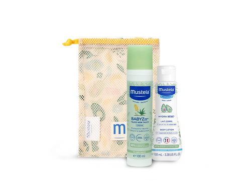 BABYZzz Talco di riso fluido + Hydra bébé latte corpo 100ml + Trousse in cotone - Mustela Italia - 1